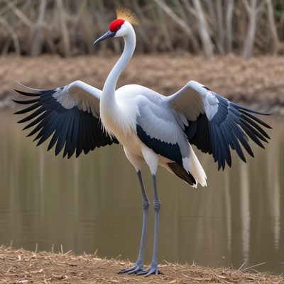 Unique bird displays wings by the water's edge
