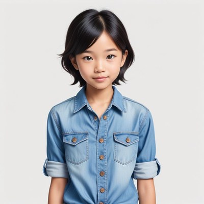 Young child in denim shirt poses for a studio portrait