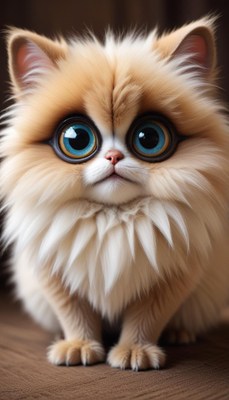 Adorable fluffy creature with big blue eyes sitting quietly