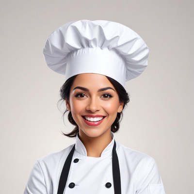 Smiling chef in white uniform and hat shows culinary passion