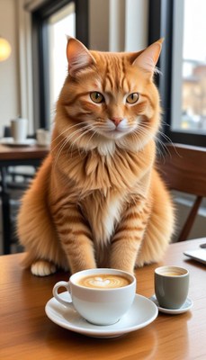 Cat enjoys coffee time at cozy cafe table