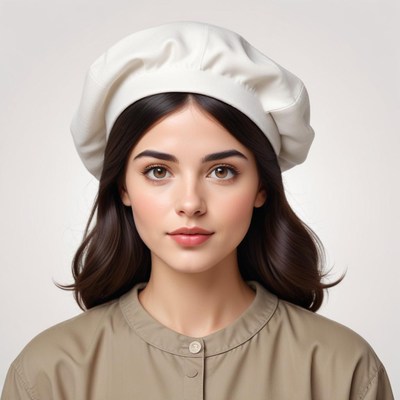 Young woman wearing a chef hat in a neutral setting