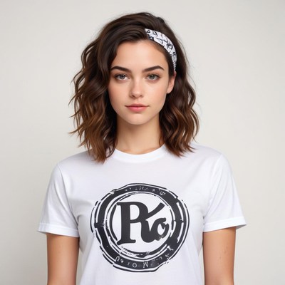 Young woman wearing stylish headband and graphic t-shirt