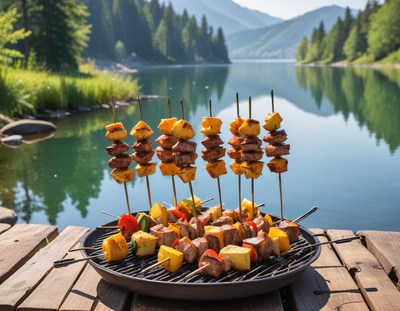 Grilling skewers by a serene lake in the mountains