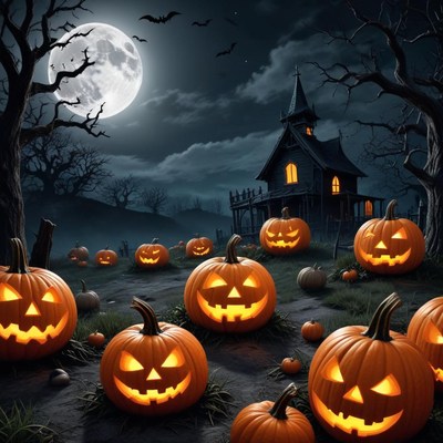Spooky halloween night with glowing jack-o'-lanterns