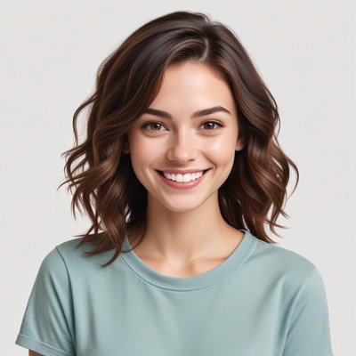 Young woman smiling in casual attire with wavy hair