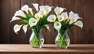 Beautiful calla lilies in vases on a wooden table