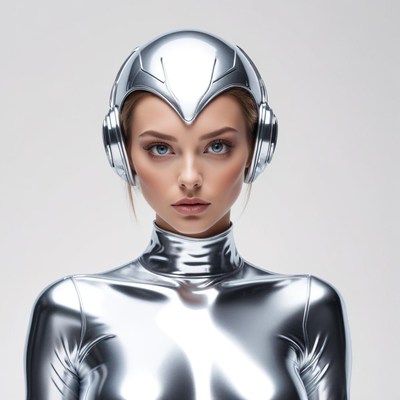 Futuristic woman in metallic suit and headphones