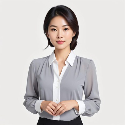 Professional woman in gray blouse poses confidently