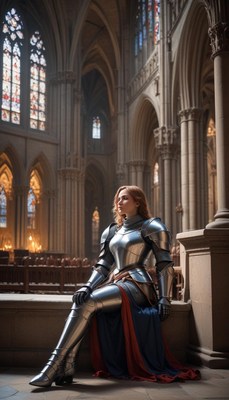 Knight in shining armor rests in historical cathedral