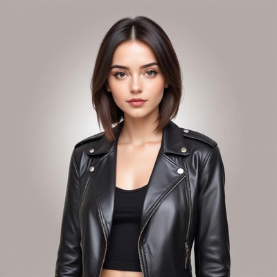Stylish woman in black leather jacket posing confidently