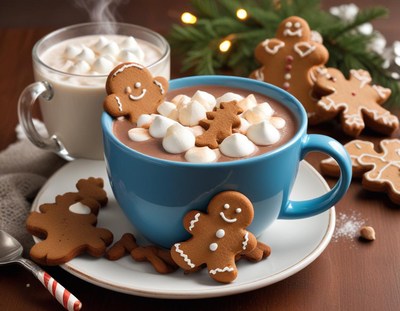 Gingerbread cookies and hot chocolate on a cozy table
