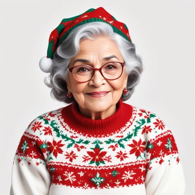 Elderly woman in festive sweater and hat for holiday cheer