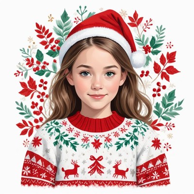 Cheerful girl in festive sweater and santa hat