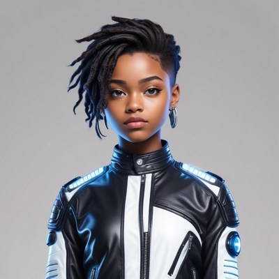 Confident young model in chic black and white jacket