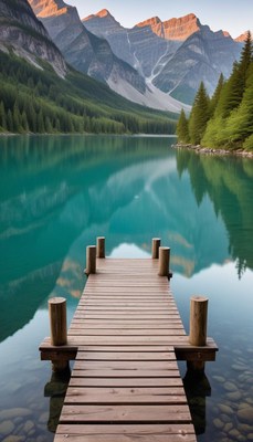 Scenic dock on a tranquil lake with mountains in background