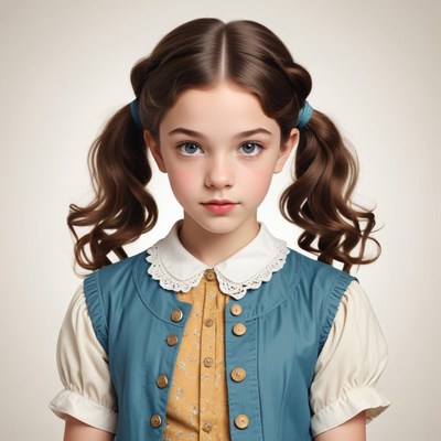 Young girl with pigtails in vintage clothing looks curious