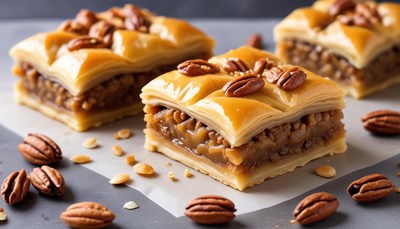 Delicious baklava with nuts on a dark background
