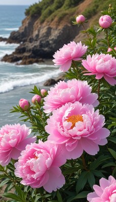 Pink peonies bloom by the seaside on a sunny day
