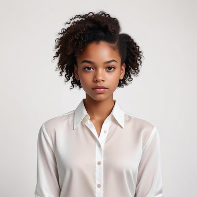 Young person with curly hair in a light shirt