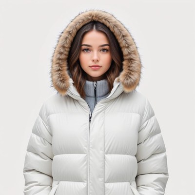 Winter fashion in a stylish puffer jacket with fur trim