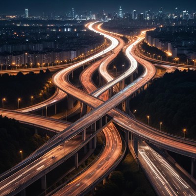 Busy urban highway interchange at night