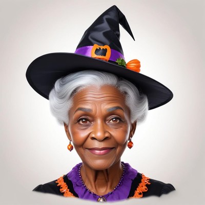Elderly woman in witch costume for halloween celebration