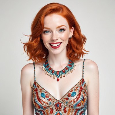 Bright red-haired woman smiling in colorful attire