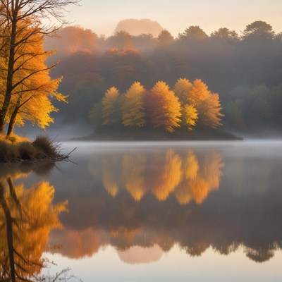 Golden trees reflect in calm water at sunrise