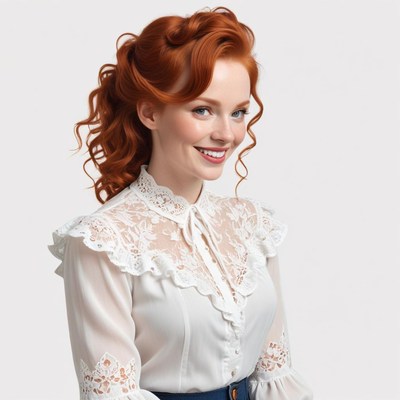 Smiling woman in elegant white blouse with curly hair