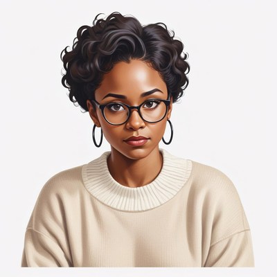 Young woman with curly hair and glasses in light sweater