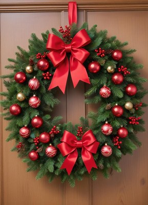 Bright red holiday wreath with bows and ornaments