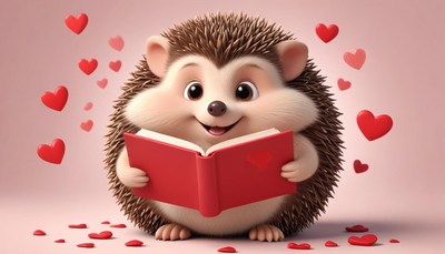 Cute hedgehog reading a book surrounded by hearts