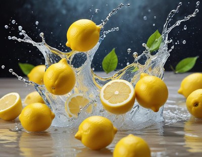 Fresh lemons splash in water creating vibrant droplets