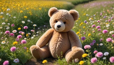 Cute teddy bear in a colorful flower field during spring