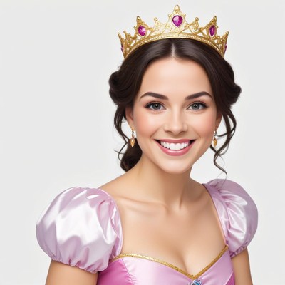Princess in pink dress and gold crown smiles