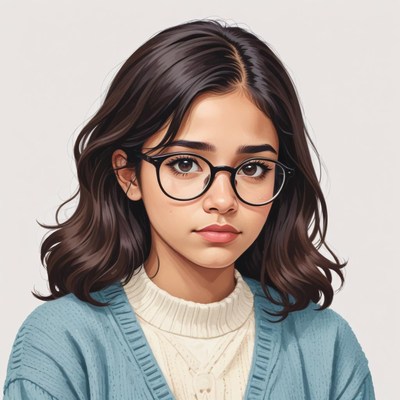 Girl in glasses, sweater, showing emotions