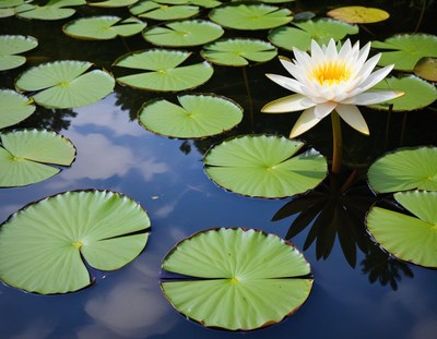 Beautiful white water lily blooms peacefully on a pond