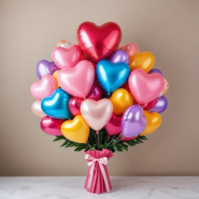 Colorful heart balloons in a vibrant bouquet