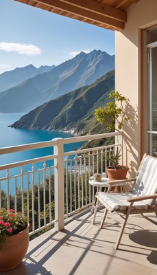 Beautiful balcony view overlooking the lake and mountains