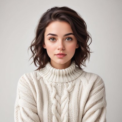 Young woman poses in cozy sweater with soft expression
