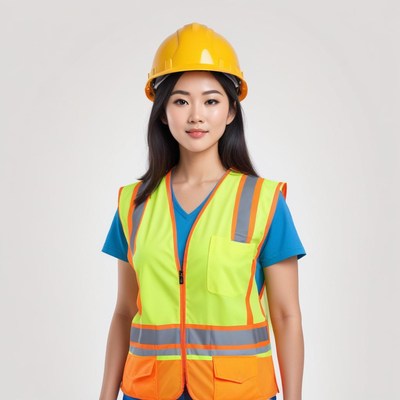 Worker wearing safety gear in a studio setting