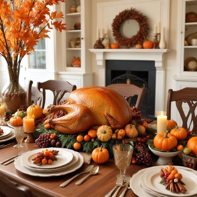 Festive thanksgiving dinner with turkey and autumn decor