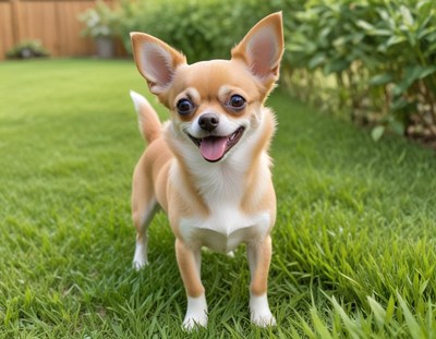 Happy chihuahua poses in a lush green garden