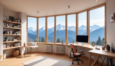Stunning mountain view from a cozy home office space