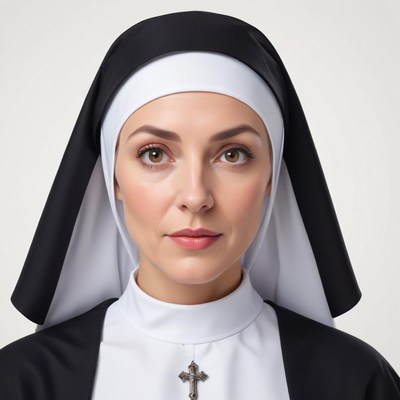 Nun in traditional attire, serious expression