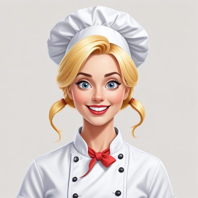 Cheerful chef with pigtails and a white hat