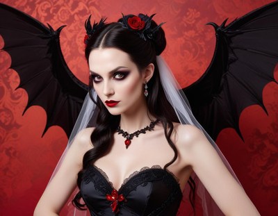 Bride in dark gothic attire with wings and red accents