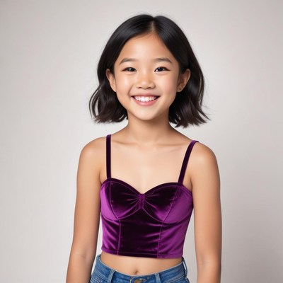 Young girl smiling in a purple crop top with stylish hair