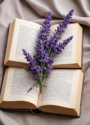 Open books with lavender flowers create a cozy scene